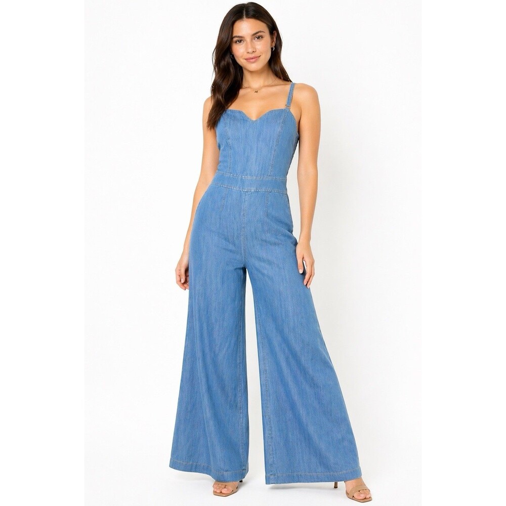 Y2K Boho Denim Jumpsuit Wide Leg Smocked Back Strappy Blue S